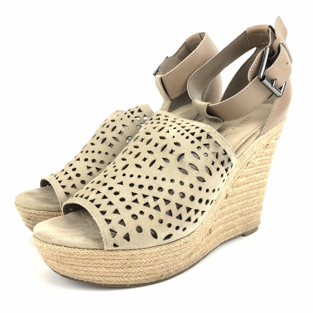 Marc Fisher Hasina Women Wedge Sandals Size 10 Perforated Suede Ankle Strap Jute